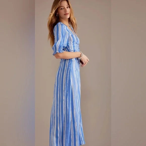 NEW Baum und Pferdgarten Amma Ruched Half Sleeve Striped Midi Dress Blue Size:10 - Picture 4 of 4